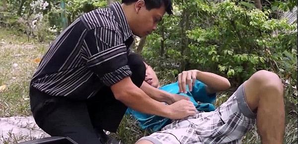  Asian doctor sucks twins cock outdoors